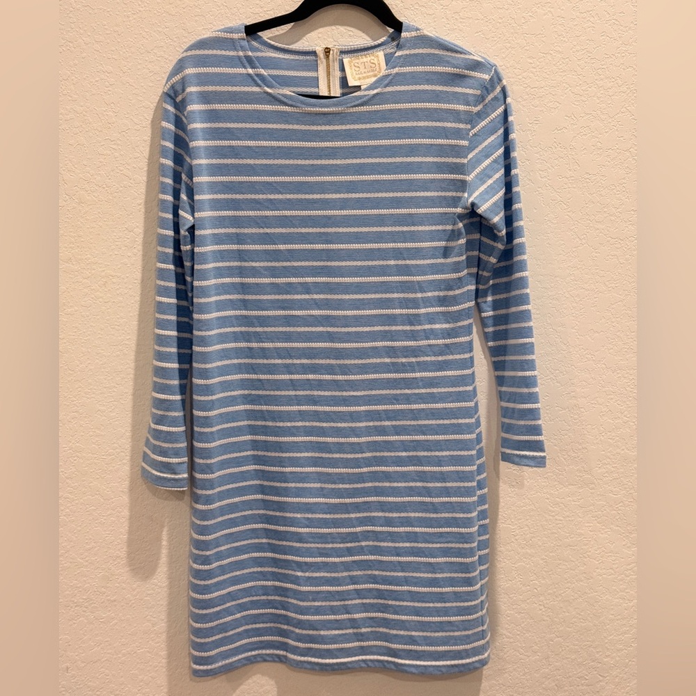 Sail to Sable Light Blue and White Striped Long-Sleeve Shift Dress
